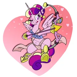 Size: 1140x1140 | Tagged: safe, artist:jargon scott, derpibooru import, princess cadance, alicorn, pony, alternate hairstyle, arrow, bedroom eyes, bow (weapon), bow and arrow, dexterous hooves, ear piercing, earring, female, heart, heart arrow, heart background, hearts and hooves day, holiday, hoof hold, image, jewelry, mare, one eye closed, piercing, png, princess of love, simple background, solo, underhoof, valentine's day, weapon, white background