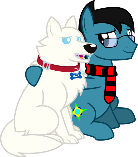 Size: 1396x1592 | Tagged: safe, artist:sketchmcreations, derpibooru import, oc, oc:sketch mythos, dog, earth pony, husky, pony, wolf, arm around neck, clothes, collar, dog collar, glasses, hoof around neck, image, male, pet, pet tag, png, scarf, sitting, smiling, stallion