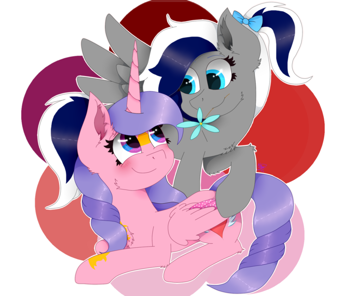 Size: 1500x1300 | Tagged: safe, artist:kathepart, derpibooru import, oc, oc:hearty love, oc:sofia reds, alicorn, pegasus, blue eyes, blushing, couple, cutie mark, flower, hair bun, image, png, purple eyes, simple background, spread wings, transparent background, wings