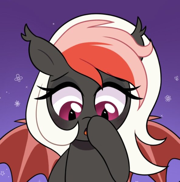 Size: 710x718 | Tagged: safe, artist:darkynez, derpibooru import, oc, unofficial characters only, bat pony, pony, blushing, boop, image, jpeg, self-boop, spread wings, surprised, wings