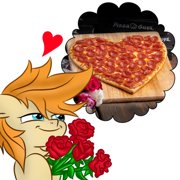 Size: 1000x1000 | Tagged: safe, artist:pizzamovies, derpibooru import, oc, oc:pizzamovies, unofficial characters only, earth pony, pony, bouquet of flowers, floating heart, flower, food, heart, image, male, pepperoni pizza, pizza, png, rose, simple background, smug, solo, stallion, thought bubble, transparent background