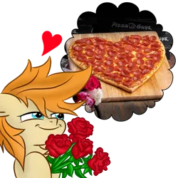 Size: 1000x1000 | Tagged: safe, artist:pizzamovies, derpibooru import, oc, oc:pizzamovies, unofficial characters only, earth pony, pony, bouquet of flowers, floating heart, flower, food, heart, image, male, pepperoni pizza, pizza, png, rose, simple background, smug, solo, stallion, thought bubble, transparent background