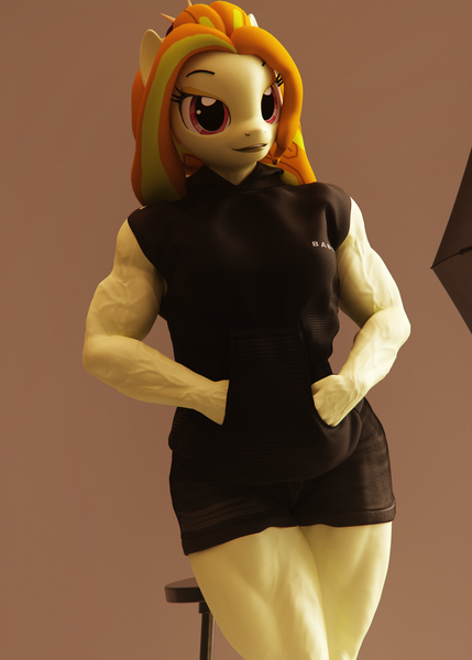 Size: 2200x3080 | Tagged: suggestive, artist:dashie116, derpibooru import, adagio dazzle, anthro, 3d, acardio dazzle, clothes, daz studio, female, hoodie, image, looking at you, muscles, muscular female, png, shorts, sleeveless, solo, solo female, vein