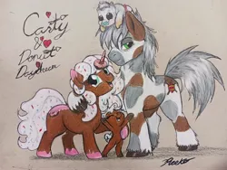Size: 4080x3060 | Tagged: safe, artist:carty, derpibooru import, oc, oc:donut daydream, earth pony, pony, unicorn, baby, beautiful, bust, colored, colored pencil drawing, colt, cute, detailed, donut, family, female, filly, foal, food, gift art, image, jpeg, kids, love, lovely, male, mare, portrait, simple background, size difference, sprinkles, stallion, traditional art
