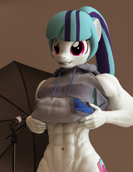 Size: 2200x2860 | Tagged: suggestive, artist:dashie116, derpibooru import, sonata dusk, anthro, 3d, abs, belly button, clothes, daz studio, female, hoodie, image, looking at you, muscles, muscular female, png, sleeveless, solo, solo female, swolenata dusk, vein