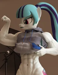 Size: 2200x2860 | Tagged: suggestive, artist:dashie116, derpibooru import, sonata dusk, anthro, 3d, belly button, bicep flex, biceps, clothes, daz studio, female, flexing, hoodie, image, muscles, muscular female, png, sleeveless, solo, solo female, swolenata dusk, vein