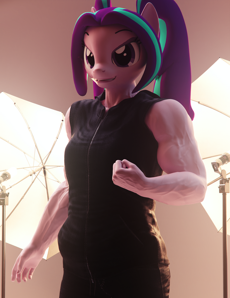 Size: 2200x2860 | Tagged: suggestive, artist:dashie116, derpibooru import, aria blaze, anthro, 3d, aria brute, bicep flex, biceps, clothes, daz studio, female, grin, hoodie, image, looking at you, muscles, muscular female, png, shorts, sleeveless, smiling, solo, solo female, vein