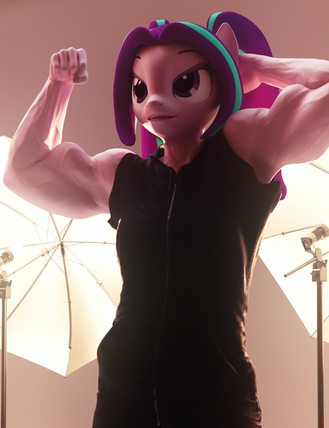 Size: 2200x2860 | Tagged: suggestive, artist:dashie116, derpibooru import, aria blaze, anthro, 3d, aria brute, bicep flex, biceps, clothes, daz studio, female, hoodie, image, muscles, muscular female, png, shorts, sleeveless, solo, solo female, vein