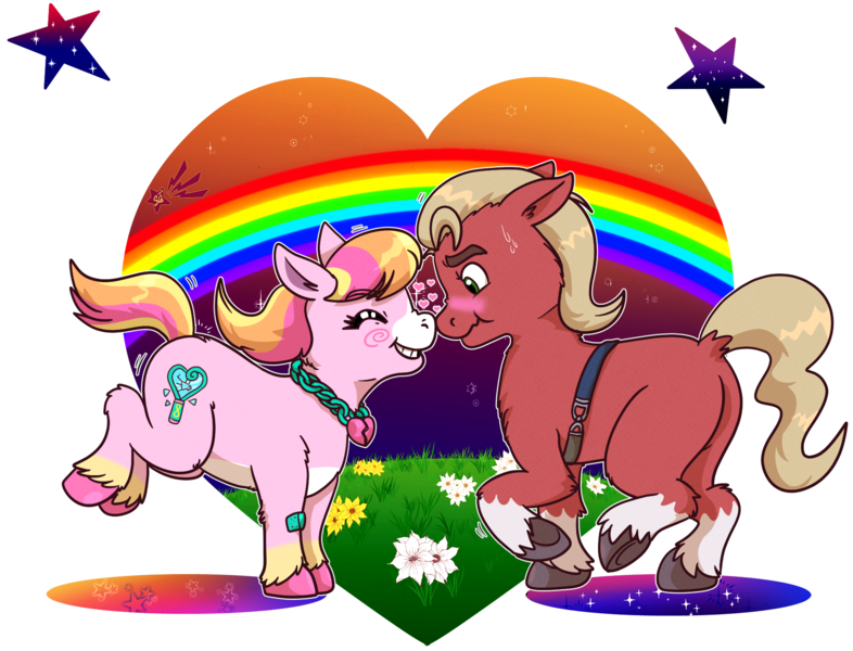 Size: 1840x1404 | Tagged: safe, artist:scorpio-gustavo, derpibooru import, sprout cloverleaf, oc, oc:malarkey, earth pony, pony, blushing, canon x oc, duo, g5, heart, image, male, nonbinary, png, ponysona, rainbow, shipping, stallion