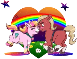 Size: 1840x1404 | Tagged: safe, artist:scorpio-gustavo, derpibooru import, sprout cloverleaf, oc, oc:malarkey, earth pony, pony, blushing, canon x oc, duo, g5, heart, image, male, nonbinary, png, ponysona, rainbow, shipping, stallion