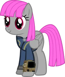 Size: 843x1000 | Tagged: safe, artist:ponygamer2020, derpibooru import, oc, oc:olivia, unofficial characters only, pegasus, pony, fallout equestria, absurd resolution, clothes, fallout, female, image, jumpsuit, mare, pegasus oc, pipboy, png, ponytail, simple background, smiling, solo, tail, transparent background, vault suit, vector, wings