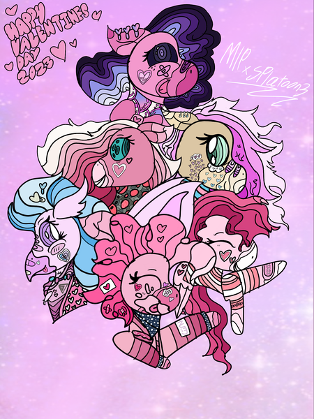 Size: 1620x2160 | Tagged: safe, artist:enperry88, derpibooru import, berry blend, berry bliss, bifröst, fuchsia frost, pinkie pie, silverstream, snips, classical hippogriff, earth pony, hippogriff, pegasus, pony, series:mlp x splatoon 3, bandage, bandaid, bow, clippings, clothes, cloud, collaboration, crossover, cute, decora, design, ear piercing, earring, eyes closed, food, friendship student, gritted teeth, hair bow, hairpin, happy, heart, holiday, hoodie, hoof down, image, jewelry, looking at you, love, piercing, pink background, pinkie pie is best facemaker, png, rain, raised hoof, rule 63, shirt, simple background, smiling, sticker, sugar, sweater, sweet, teeth, tongue out, undershirt, valentine's day, xoxo