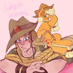 Size: 1080x1080 | Tagged: safe, artist:mimiporcellini, derpibooru import, applejack, crossover, crossover shipping, hol horse, holjack, image, interspecies, jojo's bizarre adventure, png, shipping