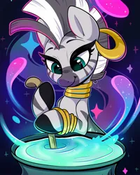 Size: 1638x2048 | Tagged: safe, artist:spindlespice, derpibooru import, zecora, pony, zebra, cauldron, female, image, jpeg, mare, potion, potion making, smiling, solo