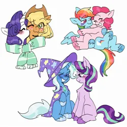 Size: 2000x2000 | Tagged: safe, artist:exxi00, derpibooru import, applejack, pinkie pie, rainbow dash, rarity, starlight glimmer, trixie, earth pony, pegasus, pony, unicorn, applejack's hat, blushing, cape, chest fluff, clothes, cowboy hat, female, grin, hat, hoof heart, image, jpeg, lesbian, pinkiedash, rarijack, scarf, shipping, simple background, smiling, startrix, trixie's cape, trixie's hat, underhoof, unshorn fetlocks, white background