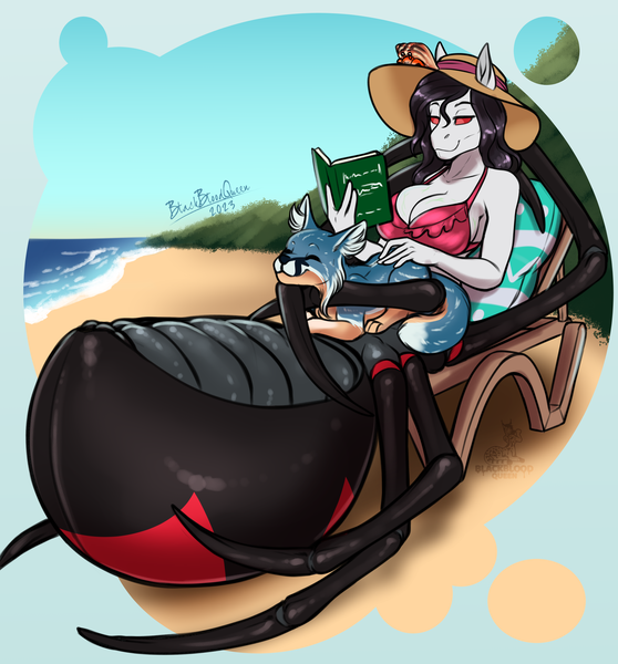 Size: 3758x4044 | Tagged: safe, artist:blackblood-queen, derpibooru import, oc, oc:charlotte silk, unofficial characters only, anthro, drider, fox, monster pony, original species, pony, spiderpony, anthro oc, beach, beach hat, big breasts, bikini, bikini top, book, breasts, busty oc, clothes, commission, digital art, eyebrows, female, hat, high res, image, lying down, mare, on back, png, reading, relaxing, sand, smiling, swimsuit, water