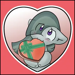 Size: 1400x1400 | Tagged: safe, artist:zutcha, derpibooru import, marble pie, earth pony, pony, :3, blushing, box of chocolates, bust, cute, eye clipping through hair, female, floppy ears, heart, holiday, image, jpeg, marblebetes, mare, mouth hold, solo, valentine's day