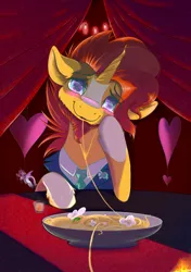 Size: 2039x2894 | Tagged: safe, artist:gobiraptor, derpibooru import, sunburst, pony, unicorn, blushing, clothes, cute, date, food, glasses, heart, hearts and hooves day, holiday, image, jpeg, looking at you, love, necktie, pasta, spaghetti, suit, valentine's day