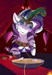 Size: 2039x2894 | Tagged: safe, artist:gobiraptor, derpibooru import, oc, oc:clear skies ahead, zebra, blushing, cape, clothes, cute, date, feather, food, headdress, heart, hearts and hooves day, holiday, image, jpeg, looking at you, love, pasta, solo, spaghetti, valentine's day