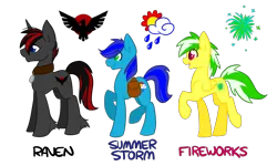 Size: 1280x768 | Tagged: safe, artist:sinclair2013, derpibooru import, oc, oc:fireworks, oc:raven, oc:summer storm, unofficial characters only, earth pony, pegasus, pony, unicorn, collar, female, image, male, mare, nudity, png, sheath, stallion