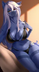 Size: 3000x5544 | Tagged: suggestive, artist:anxiety-chan, derpibooru import, oc, oc:dark straw, unofficial characters only, anthro, hybrid, zony, bra, breasts, cleavage, clothes, female, image, long hair, long nails, looking at you, panties, png, solo, solo female, stripes, underwear, yellow eyes, zony oc