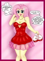 Size: 1280x1761 | Tagged: safe, artist:lennondash, derpibooru import, fluttershy, human, equestria girls, box of chocolates, breasts, busty fluttershy, cleavage, female, holiday, image, jpeg, red dress, solo, speech bubble, valentine's day