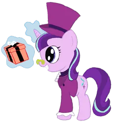 Size: 601x654 | Tagged: safe, artist:scootaloormayfly, derpibooru import, snowfall frost, starlight glimmer, pony, unicorn, clothes, glasses, happy, hat, image, magic, png, present, simple background, smiling, solo, telekinesis, top hat, transparent background