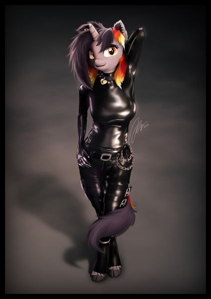 Size: 4000x5656 | Tagged: suggestive, artist:imafutureguitarhero, derpibooru import, part of a set, oc, oc:moonshine, unofficial characters only, anthro, classical unicorn, unguligrade anthro, unicorn, 3d, absurd resolution, adorasexy, arm behind head, armpits, belt, belt buckle, boots, border, chains, cheek fluff, clothes, cloven hooves, collar, commission, cute, ear fluff, ear piercing, earring, eyeshadow, female, floppy ears, fluffy, fluffy hair, fluffy mane, fluffy tail, freckles, fur, gloves, hand on hip, high angle, hoof boots, image, jewelry, jpeg, latex, latex boots, latex clothes, latex gloves, latex stockings, latex suit, leg strap, leonine tail, looking at you, makeup, multicolored hair, multicolored mane, multicolored tail, nose wrinkle, ocbetes, one arm up, open mouth, piercing, revamped anthros, revamped ponies, sexy, shadow, shiny, shoes, shorts, signature, skintight clothes, smiling, smiling at you, socks, solo, solo female, source filmmaker, spiked collar, stockings, tail, thigh highs, unshorn fetlocks, vertical, wall of tags