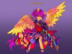 Size: 4032x3024 | Tagged: safe, artist:lianhuastardrops, derpibooru import, part of a set, scootaloo, pegasus, bipedal, bipedal leaning, clothes, commission, cosplay, costume, crossover, fantasy class, female, final fantasy, final fantasy xiv, gradient background, image, katana, leaning, older, older scootaloo, png, samurai, sandals, solo, solo female, sword, weapon