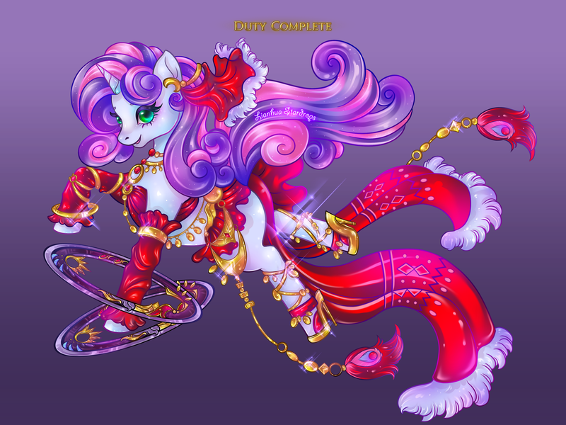 Size: 4032x3024 | Tagged: safe, artist:lianhuastardrops, derpibooru import, part of a set, sweetie belle, unicorn, chakrams, clothes, commission, cosplay, costume, crossover, dancer, fantasy class, female, final fantasy, final fantasy xiv, gradient background, heels on a horse, image, older, older sweetie belle, png, prancing, solo, solo female, solo focus, weapon