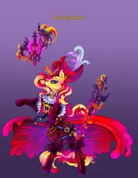 Size: 3100x4000 | Tagged: safe, artist:lianhuastardrops, derpibooru import, part of a set, sunset shimmer, unicorn, clothes, commission, cosplay, costume, crossover, fantasy class, female, final fantasy, final fantasy xiv, gradient background, image, magic, png, rapier, rearing, red mage, solo, solo female, solo focus, sword, telekinesis, weapon