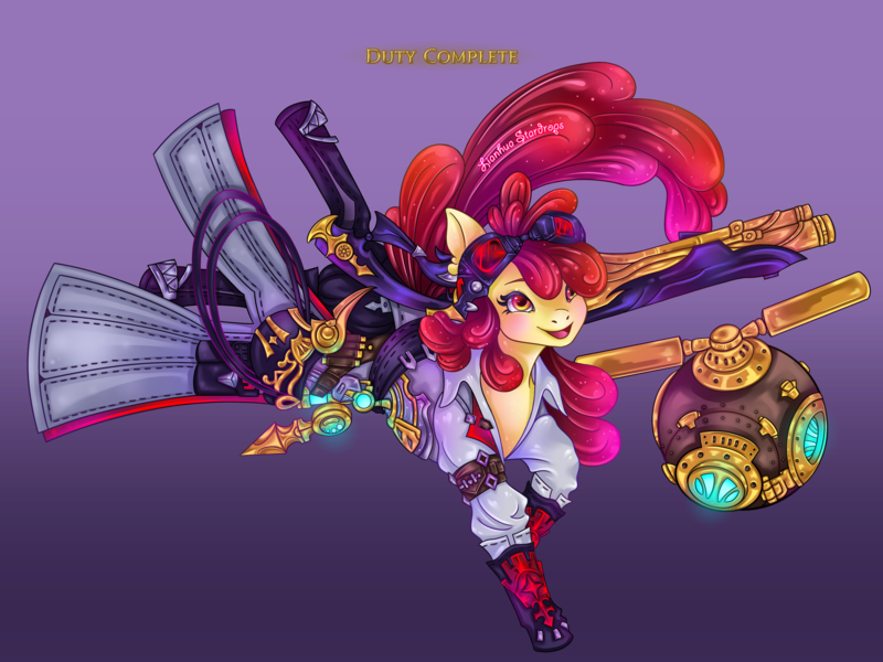 Size: 4032x3024 | Tagged: safe, artist:lianhuastardrops, derpibooru import, part of a set, apple bloom, clothes, commission, cosplay, costume, crossover, fantasy class, female, final fantasy, final fantasy xiv, gradient background, gun, image, machinist, older, older apple bloom, png, solo, solo female, solo focus, weapon