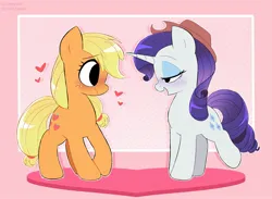 Size: 2257x1654 | Tagged: safe, artist:syrupyyy, derpibooru import, applejack, rarity, earth pony, pony, unicorn, accessory theft, applejack's hat, bedroom eyes, blushing, cowboy hat, cute, duo, eyeshadow, female, freckles, hat, heart, image, jackabetes, jpeg, lesbian, looking at each other, looking at someone, makeup, open mouth, raised leg, raribetes, rarijack, shipping