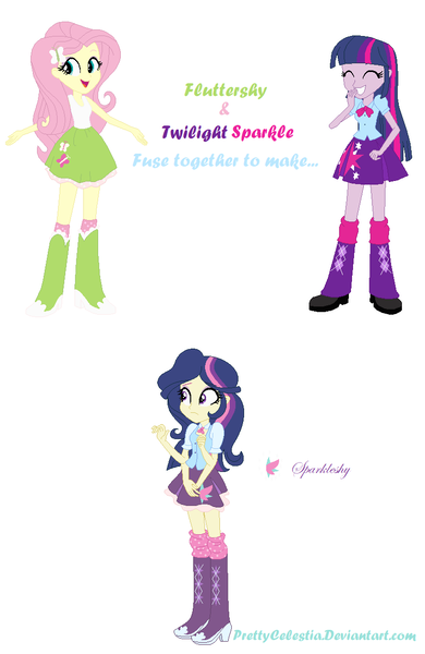 Size: 792x1218 | Tagged: safe, artist:prettycelestia, derpibooru import, fluttershy, twilight sparkle, boots, bowtie, clothes, eyeshadow, fusion, high heel boots, image, makeup, multiple arms, png, school uniform, shoes, striped mane