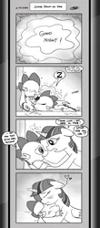 Size: 1451x3300 | Tagged: safe, artist:loreto-arts, derpibooru import, queen chrysalis, spike, twilight sparkle, twilight sparkle (alicorn), alicorn, dragon, pony, comic:friendship is innuendo, comic:friendship is innuendo vol. 2, blushing, broken horn, dialogue, horn, image, monochrome, onomatopoeia, png, sound effects, speech bubble, zzz