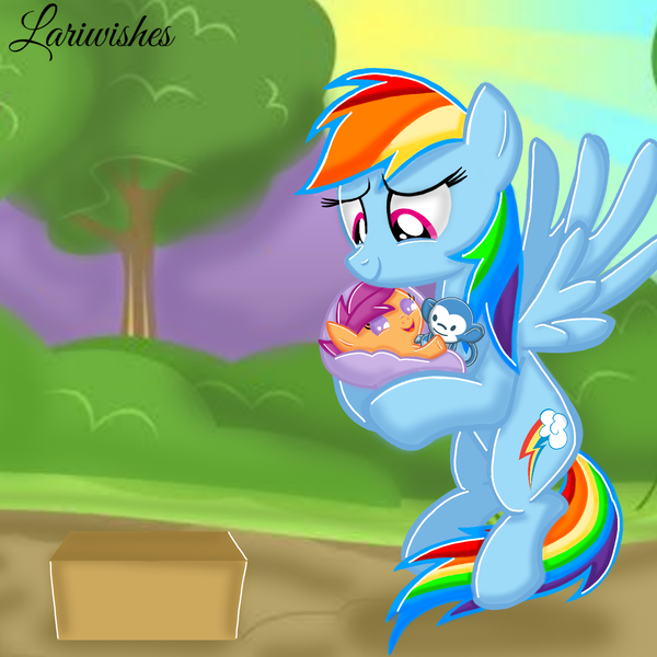Size: 1400x1400 | Tagged: safe, artist:mlplary6, derpibooru import, rainbow dash, scootaloo, pegasus, pony, adoption, baby, baby pony, baby scootaloo, box, carrying, female, filly, flying, foal, image, mare, momma dash, parent:rainbow dash, png, scootalove, smiling, smiling at someone, toy, younger