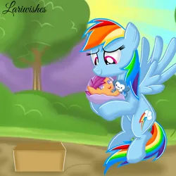 Size: 1400x1400 | Tagged: safe, artist:mlplary6, derpibooru import, rainbow dash, scootaloo, pegasus, pony, adoption, baby, baby pony, baby scootaloo, box, carrying, female, filly, flying, foal, image, mare, momma dash, parent:rainbow dash, png, scootalove, smiling, smiling at someone, toy, younger