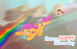 Size: 1473x940 | Tagged: safe, artist:redheadfly, derpibooru import, pound cake, scootaloo, pony, animated, female, flying, gif, heart, heart eyes, holiday, image, male, older, scootaloo can fly, scootapound, shipping, straight, valentine's day, wingding eyes