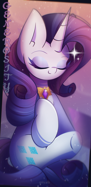 Size: 1055x2160 | Tagged: safe, artist:miryelis, derpibooru import, rarity, pony, unicorn, element of generosity, flying, full body, gem, gradient background, horn, image, long hair, makeup, png, smiling, solo, text