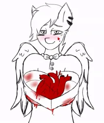 Size: 640x753 | Tagged: semi-grimdark, artist:foxx_grey_art, derpibooru import, oc, oc:colin grey, unofficial characters only, anthro, pegasus, blood, blushing, clothes, ear piercing, heart, heart eyes, image, jpeg, monochrome, my bloody valentine, pegasus oc, piercing, solo, wingding eyes, wings