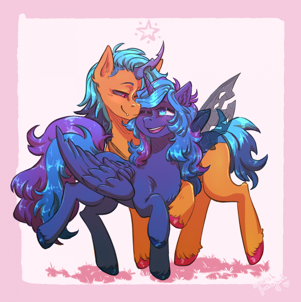 Size: 1915x1924 | Tagged: safe, artist:fukudka, derpibooru import, oc, alicorn, changeling, pony, alicorn oc, black sclera, blue eyes, changeling horn, changeling oc, changeling wings, fangs, female, fetlock tuft, horn, image, male, nuzzling, one eye closed, one eye open, pegasus wings, png, red eyes, straight, wings