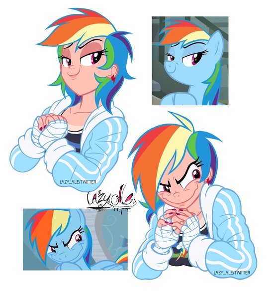 Size: 1434x1602 | Tagged: safe, artist:lazy-ale, derpibooru import, screencap, rainbow dash, human, pegasus, pony, daring don't, tanks for the memories, bandage, clothes, cutie mark, cutie mark on clothes, ear piercing, earring, faic, hoodie, humanized, image, jewelry, jpeg, piercing, rainbow dash is best facemaker, rainbow grinch, scene interpretation, screencap reference, simple background, smug, white background