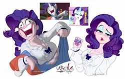 Size: 1755x1100 | Tagged: safe, artist:lazy-ale, derpibooru import, screencap, rarity, human, pony, unicorn, do princesses dream of magic sheep, fame and misfortune, breasts, busty rarity, cleavage, crying, eyeshadow, faic, grin, humanized, image, jpeg, lipstick, makeup, nail polish, running makeup, scene interpretation, screencap reference, simple background, smiling, white background, why i'm creating a gown darling