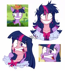 Size: 1102x1200 | Tagged: safe, artist:lazy-ale, derpibooru import, screencap, twilight sparkle, twilight sparkle (alicorn), alicorn, human, pony, unicorn, lesson zero, party pooped, clothes, faic, humanized, image, jpeg, long sleeves, scene interpretation, screencap reference, shrunken pupils, simple background, smiling, twilight snapple, unicorn twilight, white background