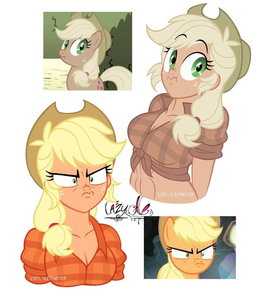 Size: 1446x1632 | Tagged: safe, artist:lazy-ale, derpibooru import, screencap, applejack, earth pony, human, pony, dragon dropped, the return of harmony, applejack's hat, breasts, cleavage, cowboy hat, discorded applejack, faic, hat, humanized, image, jpeg, liar face, liarjack, midriff, muscles, scene interpretation, screencap reference, simple background, white background