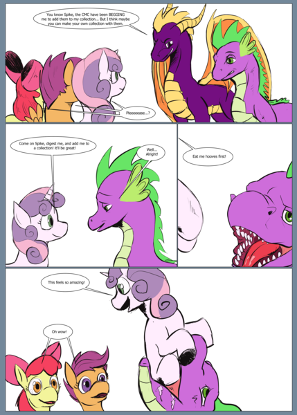 Size: 3000x4200 | Tagged: questionable, artist:shattersilver, apple bloom, scootaloo, spike, sweetie belle, comic:dragon bonding, comic, cutie mark crusaders, dragons eating horses, fetish, filly prey, foalcon, image, implied death, implied digestion, implied disposal, mawshot, older, older spike, open mouth, png, spikepred, spipred, spyro the dragon, underage, vore, willing vore