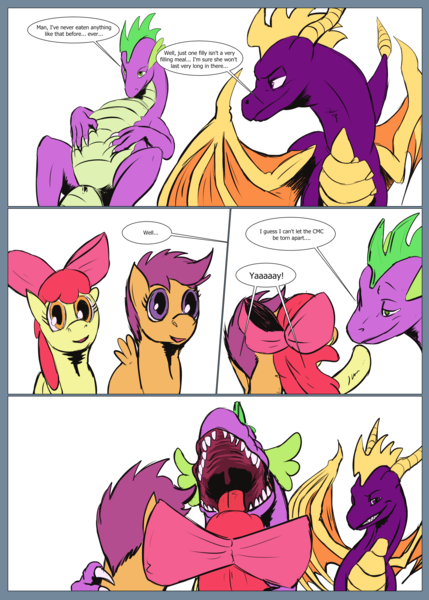Size: 3000x4200 | Tagged: questionable, artist:shattersilver, apple bloom, scootaloo, spike, comic:dragon bonding, comic, dragons eating horses, fetish, filly prey, image, implied death, implied digestion, implied sweetie belle, mawshot, older, older spike, open mouth, png, spikepred, spipred, spyro the dragon, vore, willing vore, yay