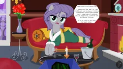 Size: 1920x1080 | Tagged: safe, artist:niggerfaggot, derpibooru import, boulder (pet), maud pie, earth pony, alcohol, alternate hairstyle, balcony, body pillow, bottle, bucket, candle, clothes, coffee table, couch, dialogue, ear piercing, earring, fire, fireplace, flower, gem, gemstones, glass, ice, image, jewelry, moon, necklace, night, night sky, ocean, offscreen character, pet rock, piercing, plate, png, pov, robe, rose, sky, vase, water, wine, wine bottle, wine glass