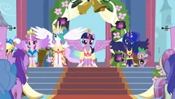 Size: 393x221 | Tagged: safe, derpibooru import, amethyst star, applejack, fleur de verre, linky, princess cadance, princess celestia, princess luna, shoeshine, spike, twilight sparkle, twilight sparkle (alicorn), alicorn, magical mystery cure, coronation, image, jpeg