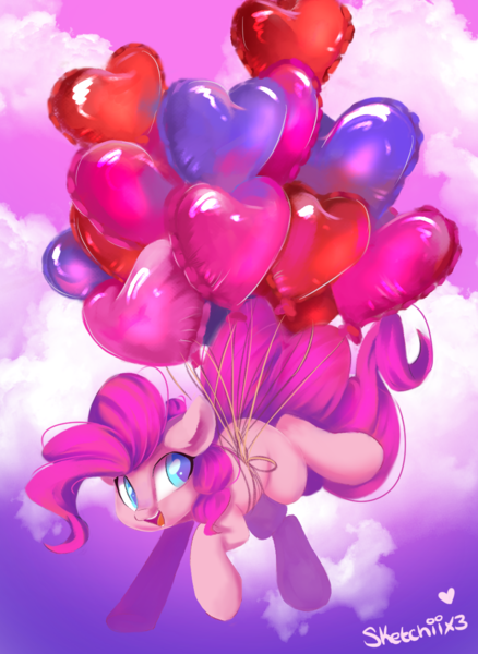 Size: 909x1244 | Tagged: safe, artist:sketchiix3, derpibooru import, pinkie pie, earth pony, pony, balloon, cloud, colored pupils, cute, diapinkes, female, floating, happy, heart, heart balloon, image, mare, open mouth, open smile, png, smiling, solo, then watch her balloons lift her up to the sky